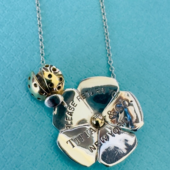 Tiffany & Co. Silver 925 & 18k Gold Love Bug Flower & Pendant Necklace 16-18” - Picture 2 of 10